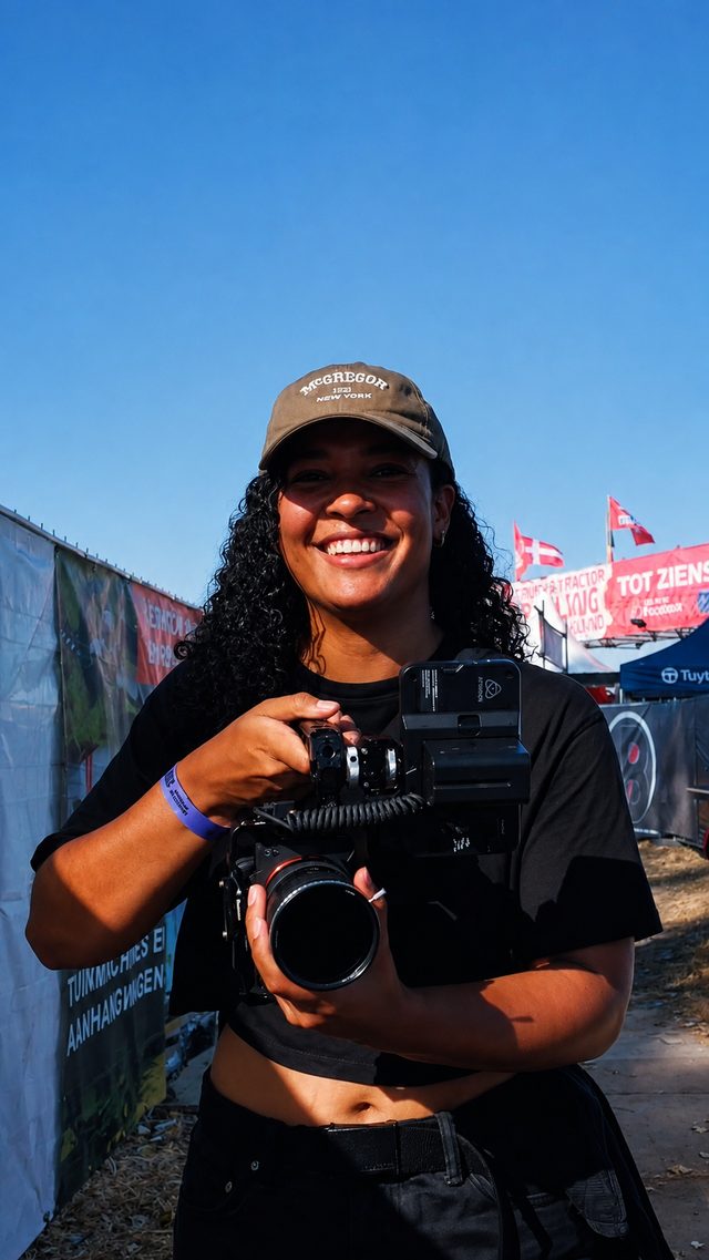 Janelle glimlachend met een camera in haar hand